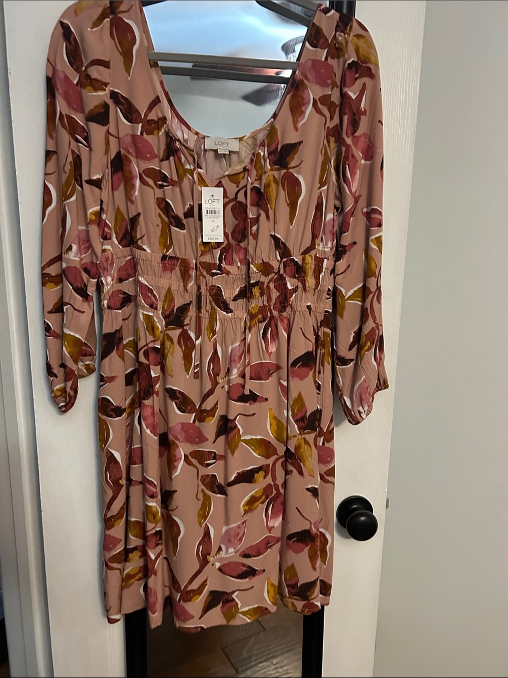 LOFT Mauve Leaf-Print Long-Sleeve Dress